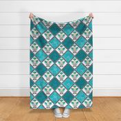 Cheater Quilt Basket of Lilies Pattern Teal Grey 