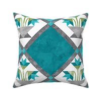 Cheater Quilt Basket of Lilies Pattern Teal Grey 