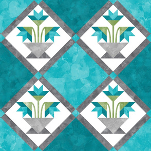 Cheater Quilt Basket of Lilies Pattern Teal Grey 