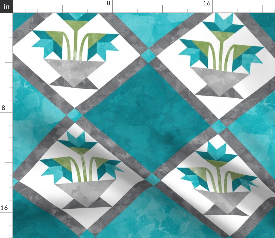 Cheater Quilt Basket of Lilies Pattern Teal Grey 
