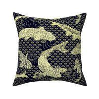 Koi Pond with Waves, Gold on Deep Navy Blue
