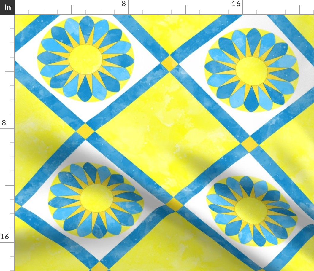 Cheater Quilt Sunflowers Pattern Yellow Blue White