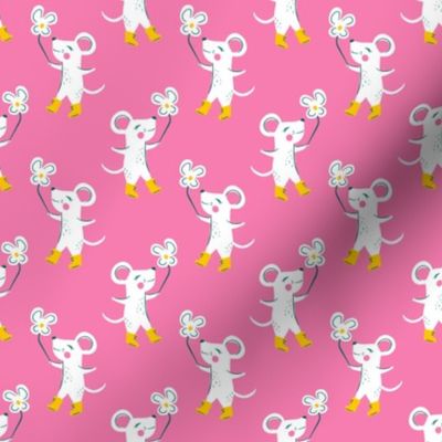 Happy Little Mice on Pink Background