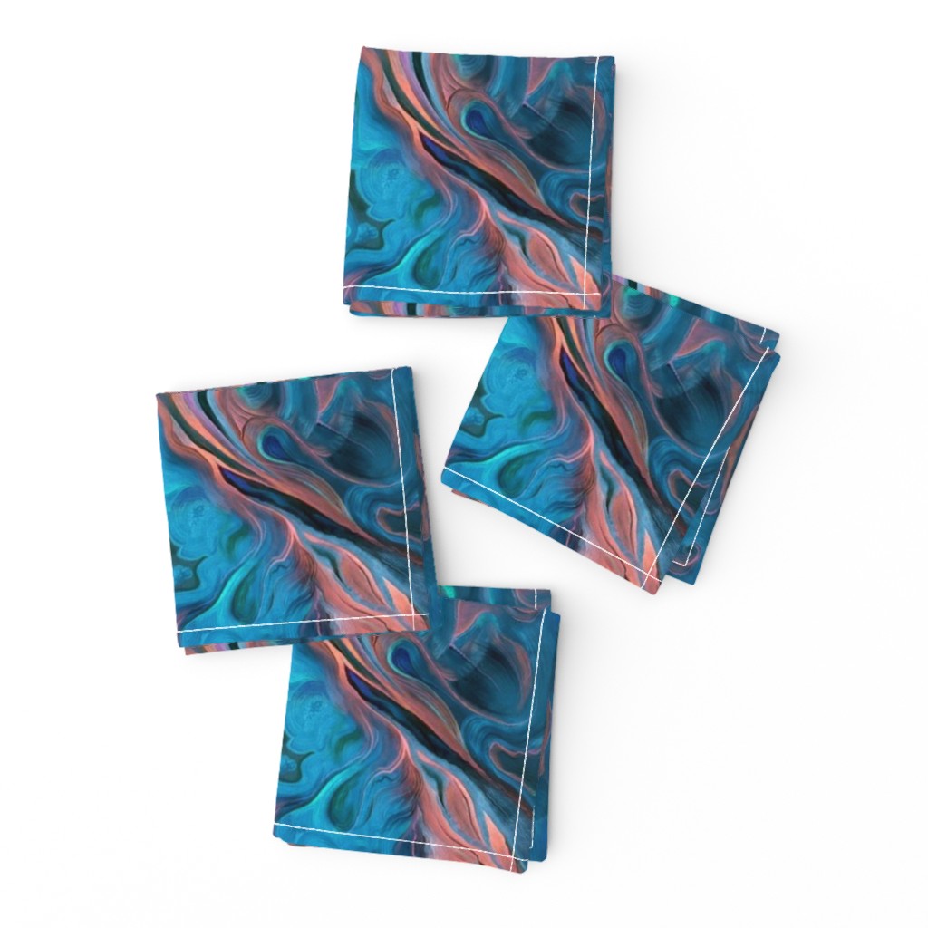 6x8-Inch Mirrored Repeat of Marbleized Oil Painting in Blue and Glowing Red