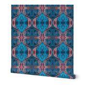 6x8-Inch Mirrored Repeat of Marbleized Oil Painting in Blue and Glowing Red