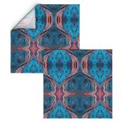 6x8-Inch Mirrored Repeat of Marbleized Oil Painting in Blue and Glowing Red