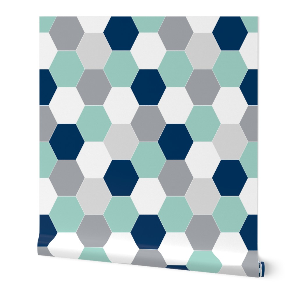 hexagon mint navy blue grey kids cheater quilt baby blanket baby quilt baby boy boys nursery hexie quilt kids baby