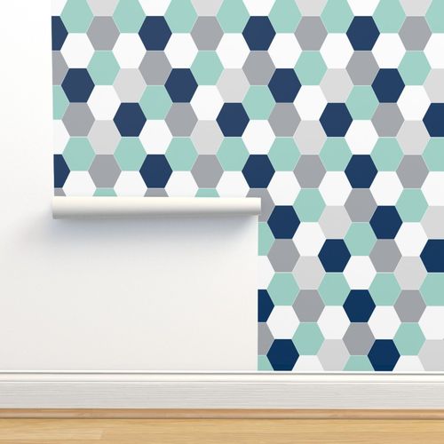 Peel-and-Stick Removable Wallpaper Hexagons Mint Navy Blue Mustard,