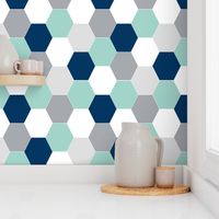 hexagon mint navy blue grey kids cheater quilt baby blanket baby quilt baby boy boys nursery hexie quilt kids baby