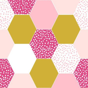 hexagon cheater quilt mustard pink dots spots girls baby girl pink and yellow cute quilt