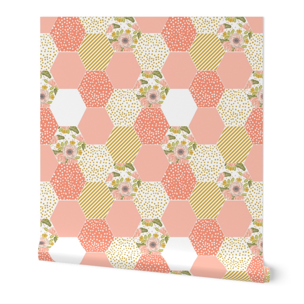 hexagon cheater quilt blush mustard yellow flowers florals cute flowers 