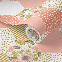 hexagon cheater quilt blush mustard yellow flowers florals cute flowers 