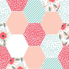 hexagon cheater quilt cute girls poppies flowers spring coral blush watercolor flowers stripes mint cute girls baby blanket