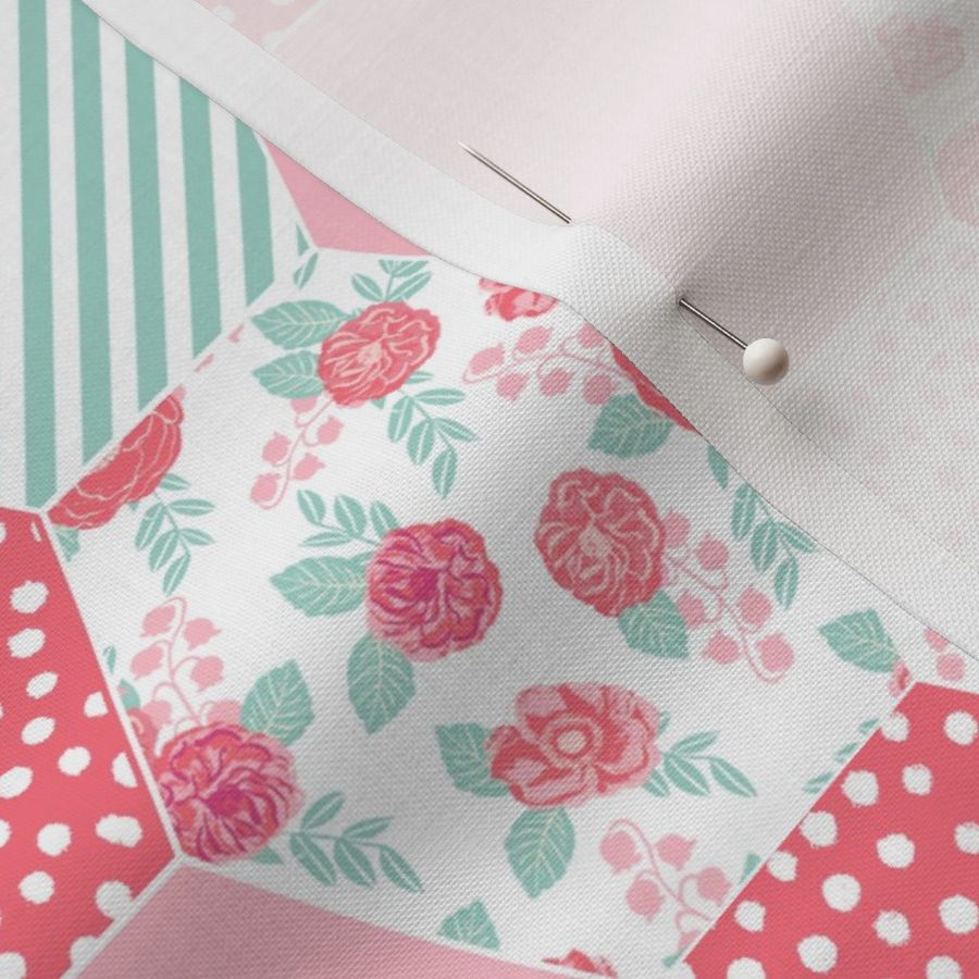 hexagon pink and mint girls sweet flowers florals print girls flowers florals sweet mint and pink girls quilt hexies