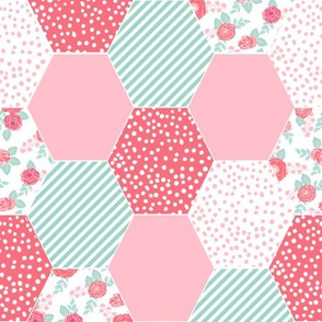 hexagon pink and mint girls sweet flowers florals print girls flowers florals sweet mint and pink girls quilt hexies
