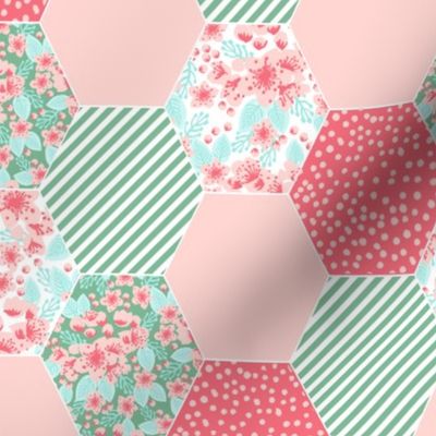 cherry blossoms cheater quilt hexie hexagon quilts kids baby girls mint and pink coral flowers florals blossoms flowers watercolors