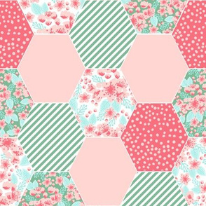 cherry blossoms cheater quilt hexie hexagon quilts kids baby girls mint and pink coral flowers florals blossoms flowers watercolors