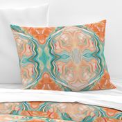 8x11-Inch Mirrored Repeat of Marbleized Oil Painting in Turquoise Blue and Peach