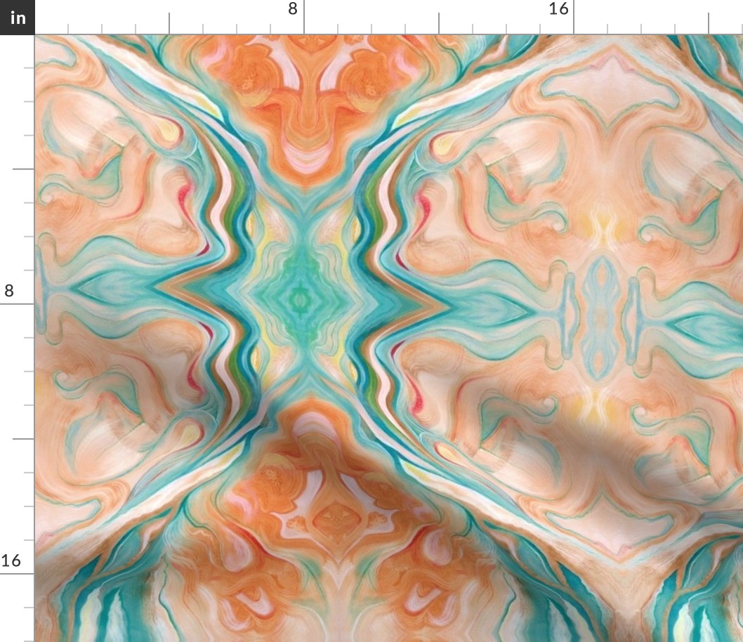 8x11-Inch Mirrored Repeat of Marbleized Oil Painting in Turquoise Blue and Peach