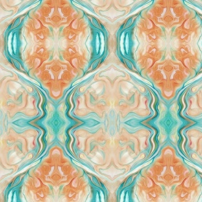 5x7-Inch Mirrored Repeat of Marbleized Oil Painting in Turquoise Blue and Peach - Subdued Version