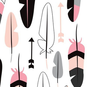 geometric vintage feathers pastel arrows in mint and coral illustration pattern in soft pink XL