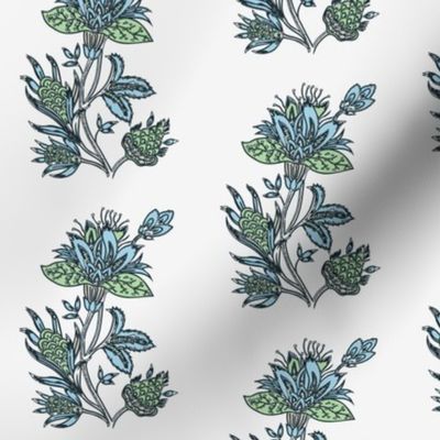 Indian Block print blue green dandelion on oyster white