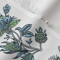 Indian Block print blue green dandelion on oyster white