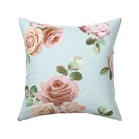 Vintage Rose Floral on duck egg blue - large