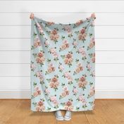 Vintage Rose Floral on duck egg blue - large