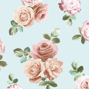 Vintage Rose Floral on duck egg blue - large