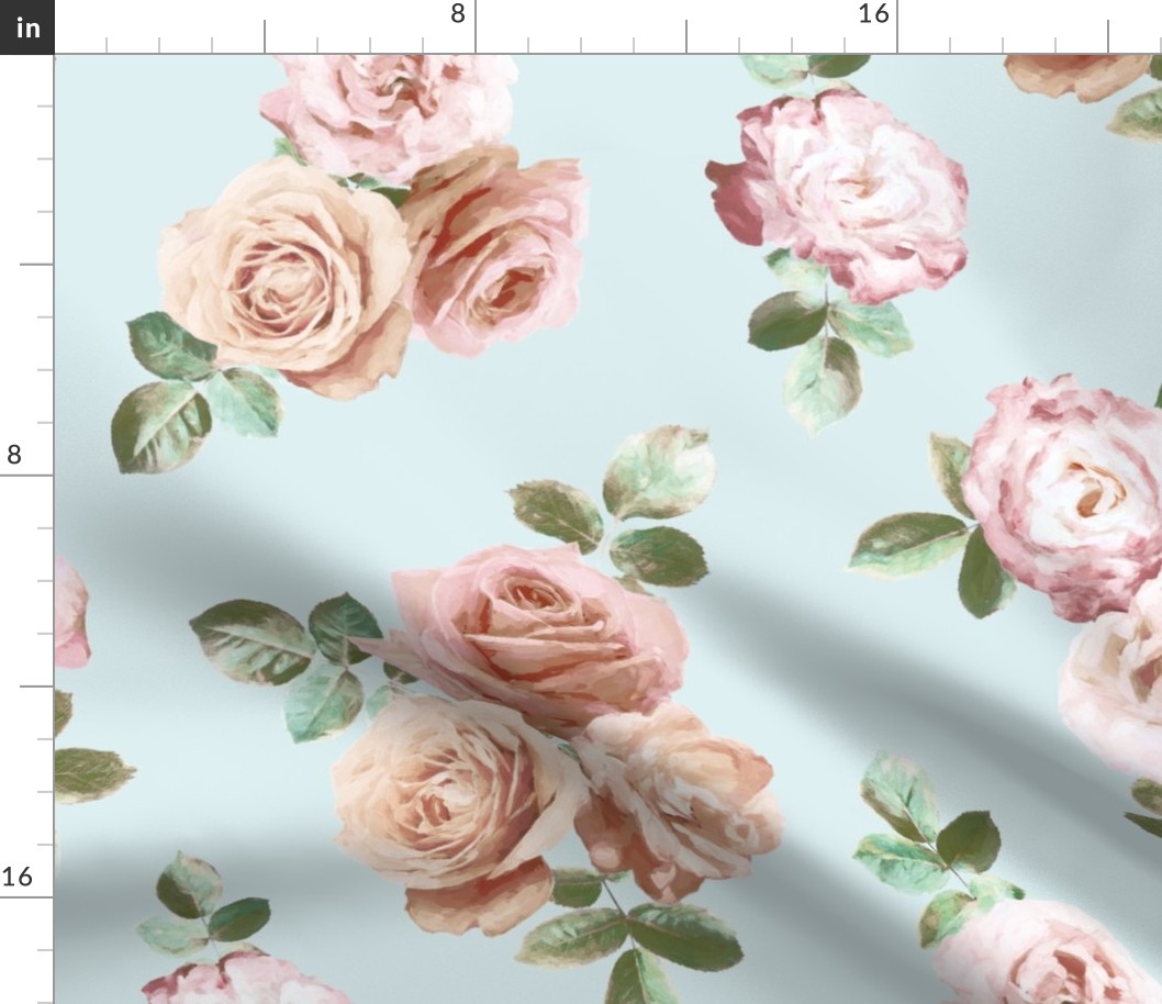 Vintage Rose Floral on duck egg blue - large