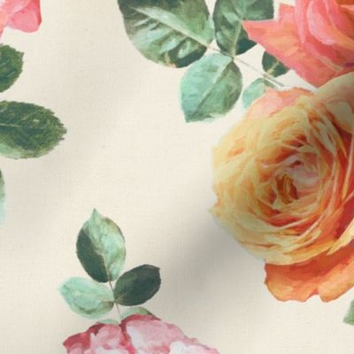 Vintage Textured Rose Floral on cream - large