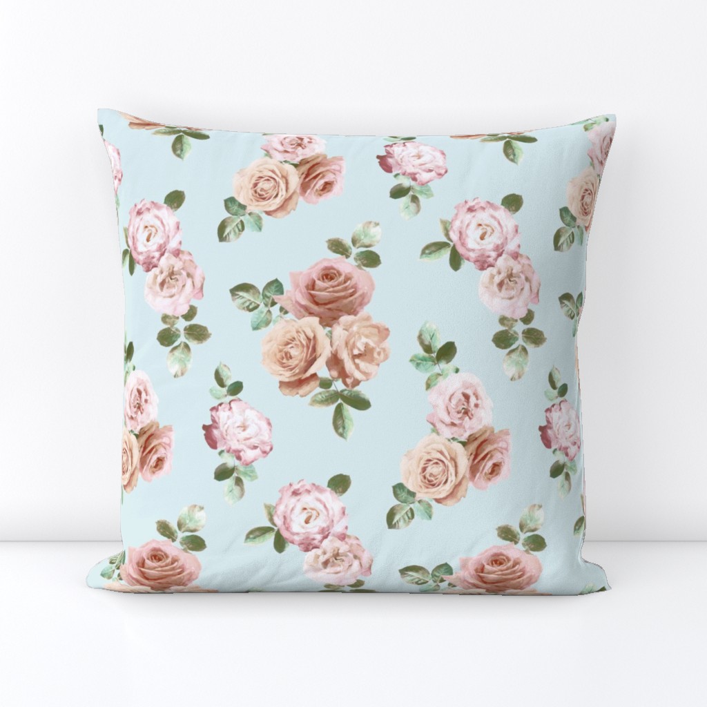 Vintage Rose Floral on duck egg blue - small