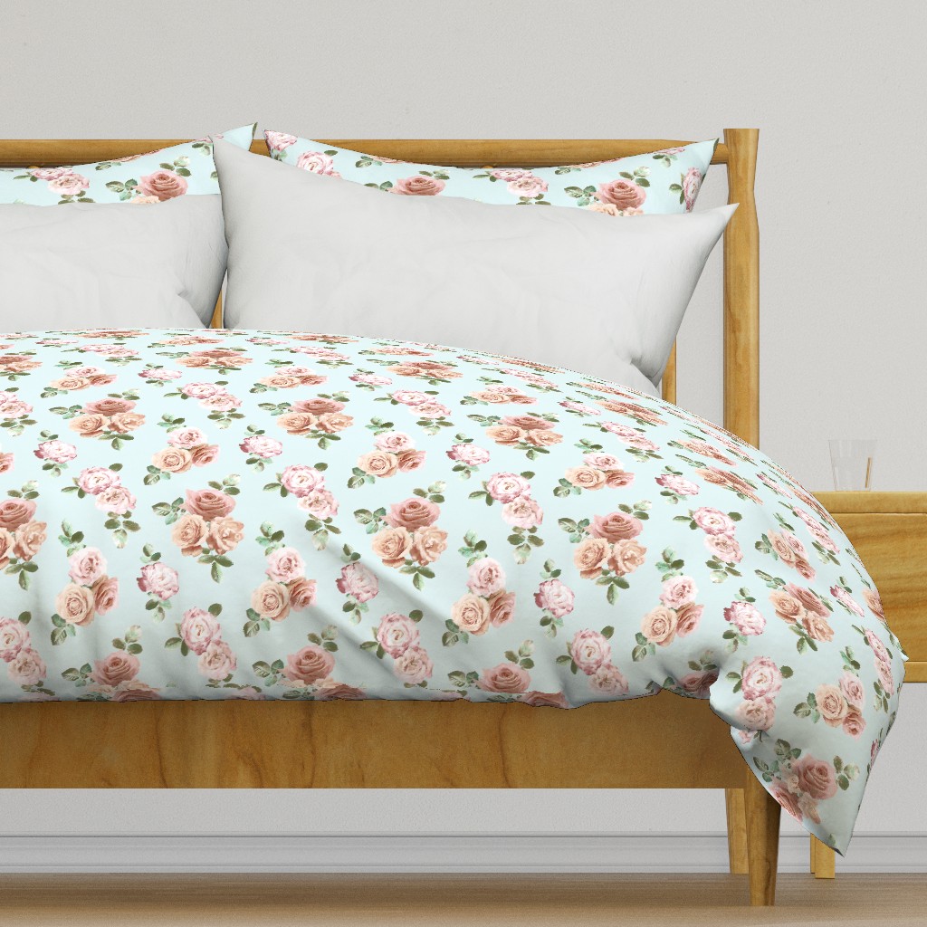 Vintage Rose Floral on duck egg blue - small