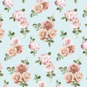 Vintage Rose Floral on duck egg blue - small