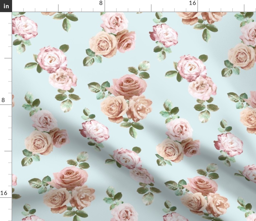 Vintage Rose Floral on duck egg blue - small