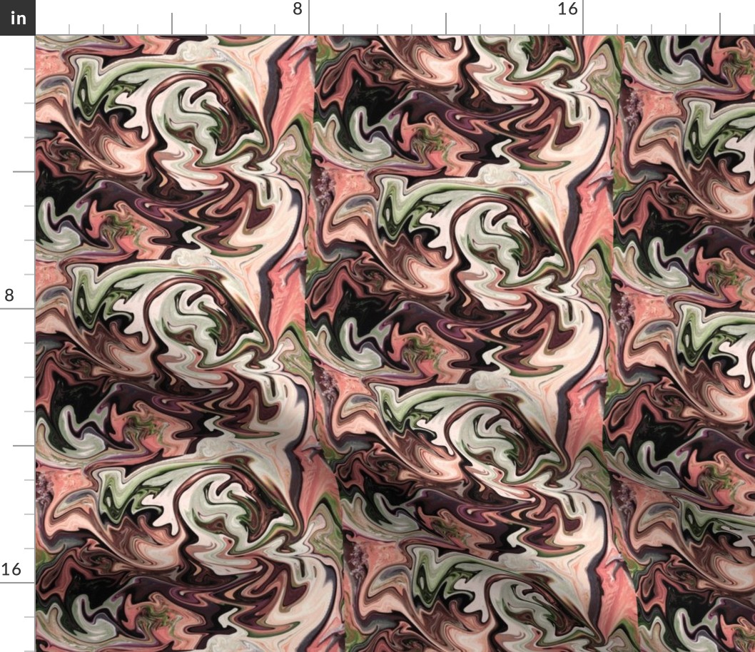 BNS1 -  MED - Marbled Mystery Swirls in  Chocolate Brown - Olive Green - Orange Coral Pastel