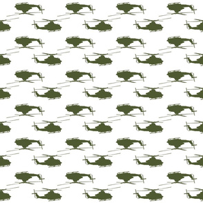 Huey helicopters in dark green with white background