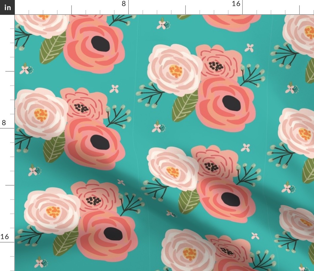 Summer Floral Blooms Teal - Teal Floral - flowers