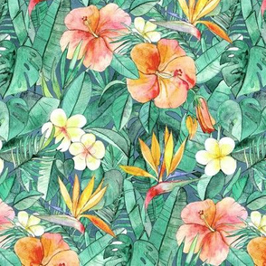 Classic Tropical Garden in watercolors - faded vintage version