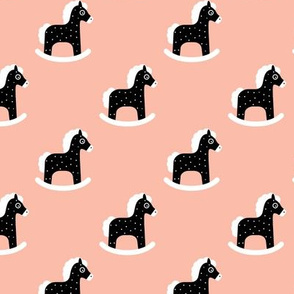 Sweet baby rocking horse kids print scandinavian style black and white coral pink