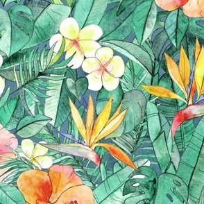 Classic Tropical Garden in watercolors - faded vintage large print