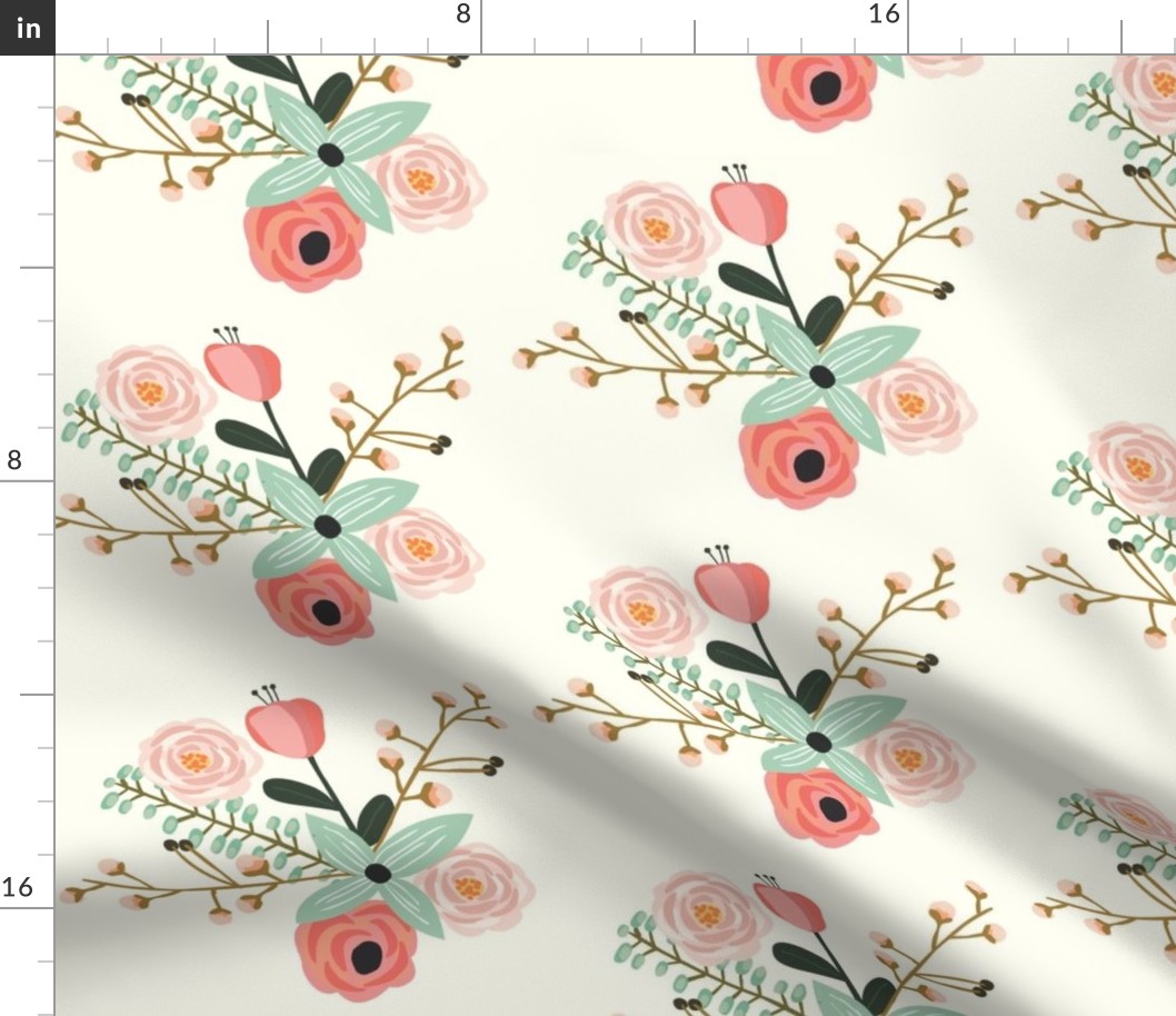 Summer Floral Ivory - Mint Floral - Flowers