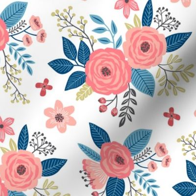 Vintage Antique Floral Flowers with Navy Blue Leaves