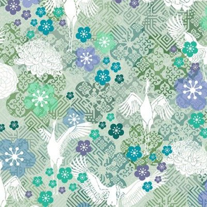 Japanese kimono floral with cranes in green