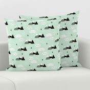 Cool scandinavian winter wonder woodland theme with clouds arrows and mountain peak snow theme vintage gender neutral mint green