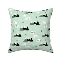 Cool scandinavian winter wonder woodland theme with clouds arrows and mountain peak snow theme vintage gender neutral mint green