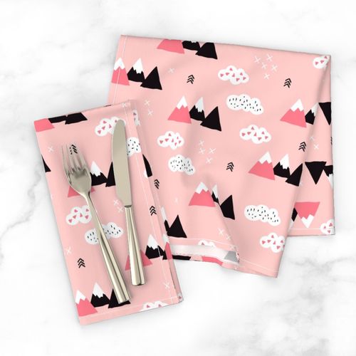 Cool scandinavian winter wonder woodland theme with clouds arrows and mountain peak snow theme vintage girls pink