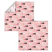 Cool scandinavian winter wonder woodland theme with clouds arrows and mountain peak snow theme vintage girls pink