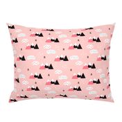 Cool scandinavian winter wonder woodland theme with clouds arrows and mountain peak snow theme vintage girls pink